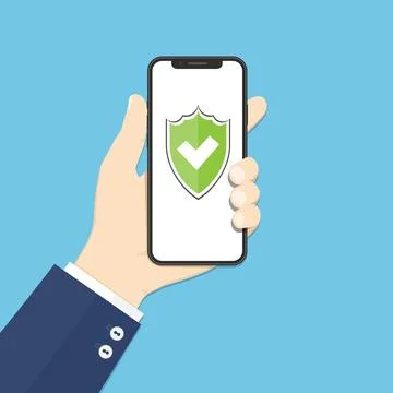 Green shield on smartphone screen. Web access security concept. Privacy, secu Illustrazione stock