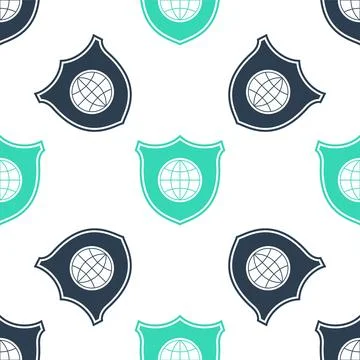 Green Shield with world globe icon isolated seamless pattern on white background Illustrazione stock
