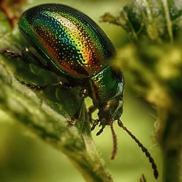 Green shiny beetle on stem of grass. Stock Photos