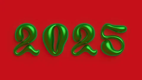 Green shiny liquid hand drawn volumetric 3D numbers 2025 on red background Stock Footage 286168076