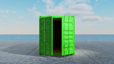 Green shipping container open at the dock with ocean view Stock Illustration
