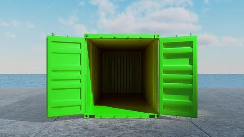 Green shipping container open at the dock with ocean view Stock Illustration