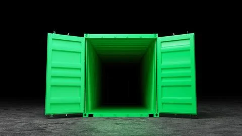 Green shipping container opening on dark background with empty interior Stock Illustration