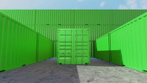 Green shipping containers stand in storage yard under blue sky イラスト素材