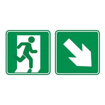 Green Sign Emergency Exit Pointing Down. Vector icon. Warning sign. Man run.. Stock Illustration