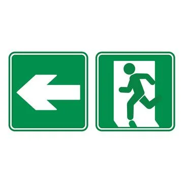 Green Sign Emergency Exit Pointing Left. Vector icon. Warning sign. Man run.. Illustrazione stock