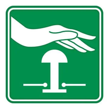Green Sign Emergency Stop Push Button. Vector Icon. Evacuation Sign. Indust.. Stock Illustration