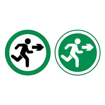 Green Signs Exit. Vector Icons. Warning Sign. Man Running Behind Exit Arrow.. Stock Illustration