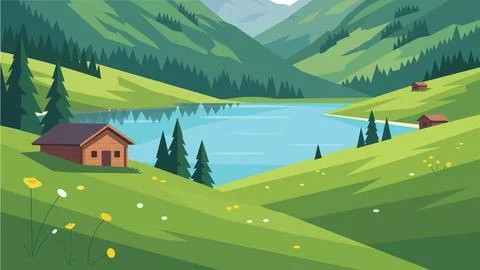 Green Silence Rolling Across Alpine Farms Flat Design Stock Illustration