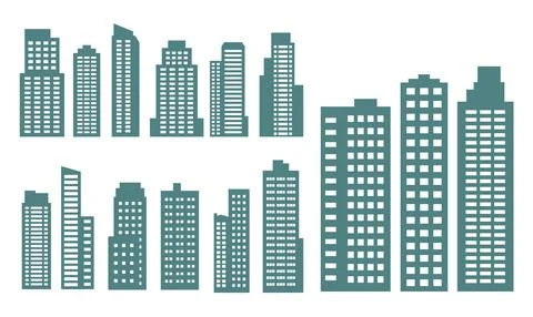 Green Silhouette Elements Set of Skyscraper Tower Building in City Town Stock Illustration