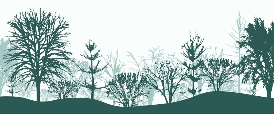 Green silhouettes of trees in forest background Stock Illustration