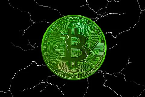 Green single bitcoin from crypto currency during rising market with many ligh Stock Illustration