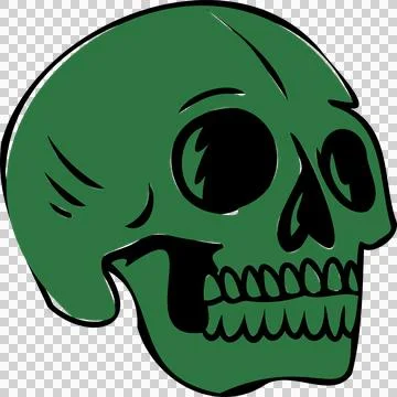 Green skull is floating in flat illustration facing right, hollow sockets on Stock Illustration