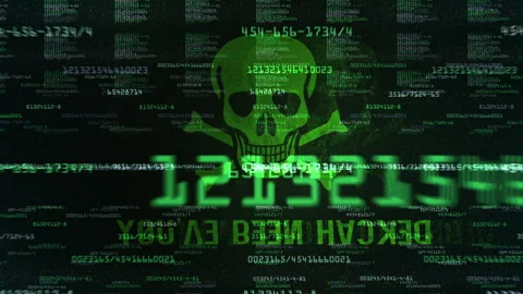 Green Skull Malware Screen Digital Code Flow Stockbeeldmateriaal 322008277