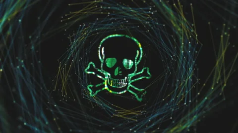 Green Skull Network Virus attack on data stream tunnel on Internet. Stock Footage 213864224