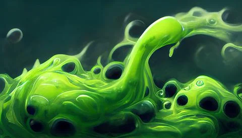 Green slime with bubbles boils and steams on a dark green background. Stock Illustration