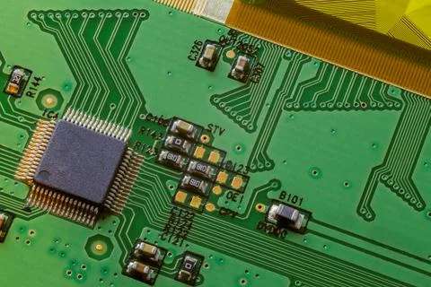Green small electronic PCB circuit close-up background Stock Photos