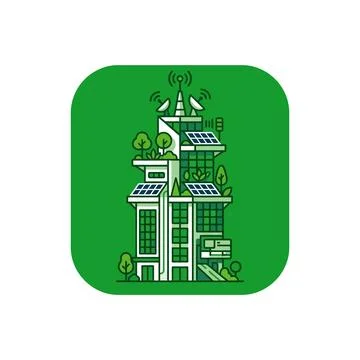Green smart building with solar panels and network antennas on green backgr.. Stock Illustration