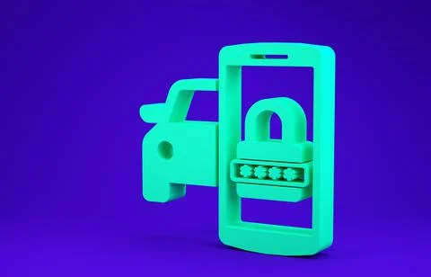 Green Smart car security system icon isolated on blue background. The smartph Stock Illustration