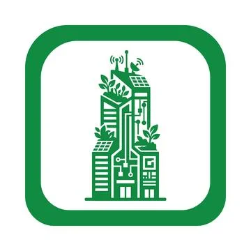 Green smart city skyscraper with solar panels and plants for sustainability. Stock Illustration