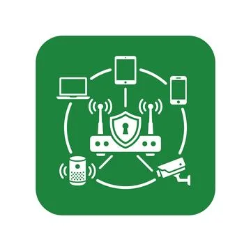 Green smart home security icon featuring router protected connected IoT dev.. Ilustração Stock