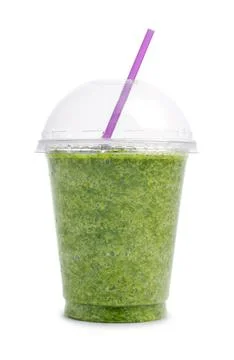 Green smoothie in plastic cup Stock Photos