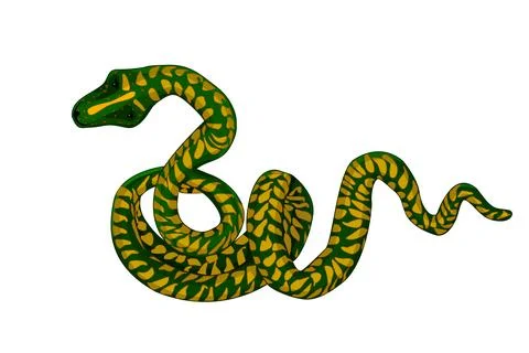 Green snake isolated on white background. Large coiled serpent with spots. Illustrazione stock