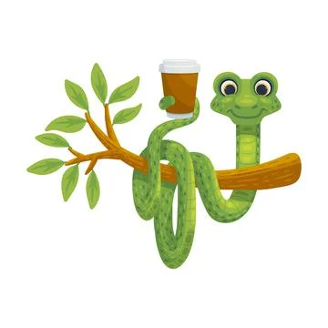 Green snake sits on tree with cup of coffee, flat vector illustration isolated. イラスト素材