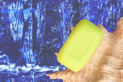 Green soap on shell conch on fresh blue waterfall Ilustração Stock