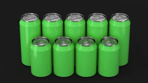 Green soda cans standing in two raws on black background Stock Illustration