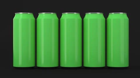 Green soda cans standing in two raws on black background Stock Illustration
