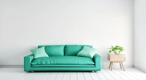 Green sofa with plants table on empty white wall in living room background... 스톡 일러스트