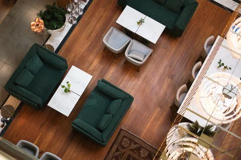 Green sofas and dining table top view  Foto stock