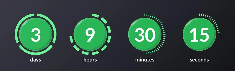 Green solid virtual countdown timer set on dark background 库存插图