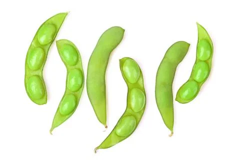 Green soy beans on white background. Top view. Stock Photos