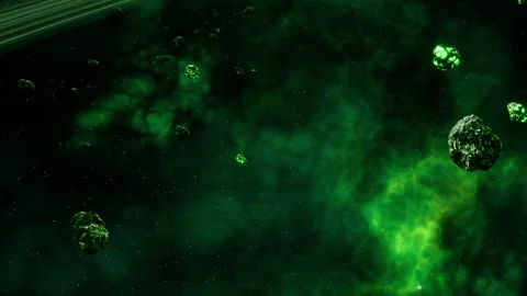 Green space scene with asteroids and bright cosmic colors Stock Footage 345063462