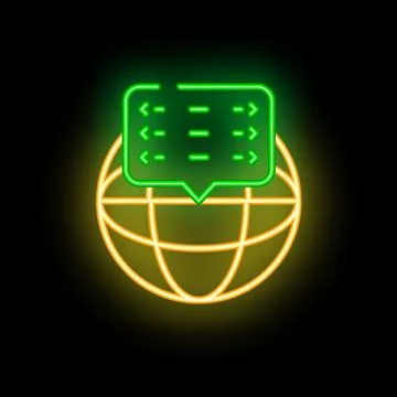Green speech bubble with code lines floating over glowing neon earth Stock Illustration