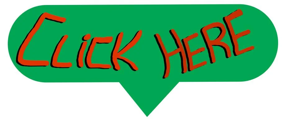 Green speech bubble with the text click here written in red. Downward arrow.. Stock Illustration