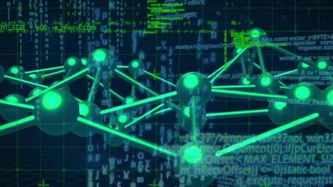 Green spheres emerging rotating forming node lattice representing digital Video stock 317592990