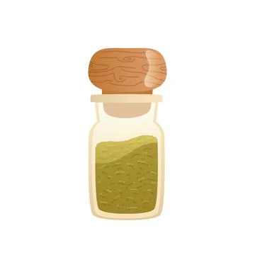 Green spice in bottle in flat design. Aromatic dry powder condiment. Vector.. Stock Illustration