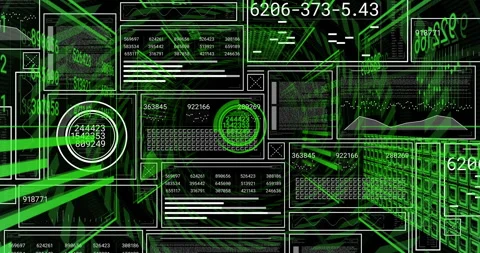 Green spiral tunnel appearing causing HUD panels populating gauge code and grid Stock Footage 312905417