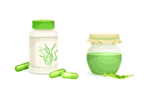Green Spirulina in Capsule and Liquid in Jar as Marine Algae Vector Set Stock-Illustration