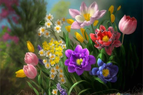 Green spring background with flowers Stock Illustration