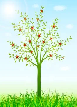 Green spring background with tree and grass Stock Illustration