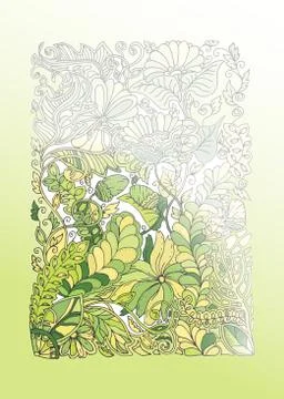 Green spring doodle illustration, half coloring Stock Illustration