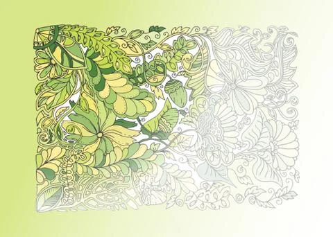 Green spring doodle illustration, half coloring Stock Illustration