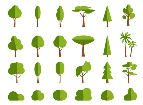 Green spring flat tree forest bush icon vector set Stock Illustration