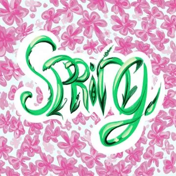Green spring lattering on a background of pink flowers Stock-Illustration