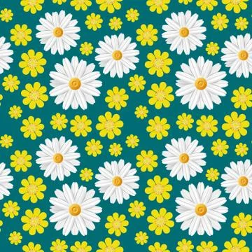 Green spring seamless pattern with light flowers: white camomile and yellow b Illustrazione stock
