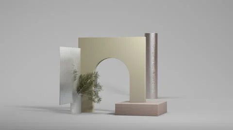 Green square arc display on the gray background with small tree. Minimal design Stock Illustration